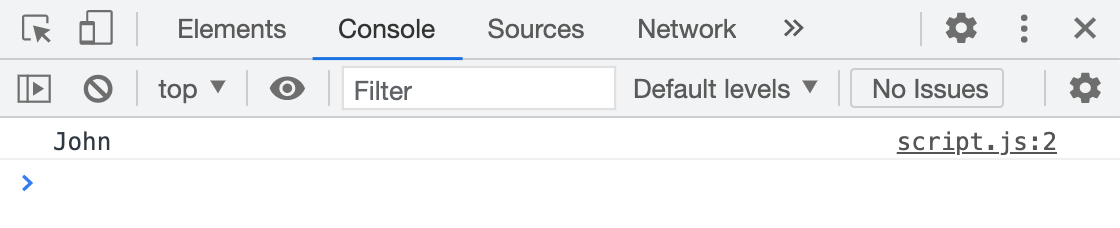 Browser console output showing the entered name variable value