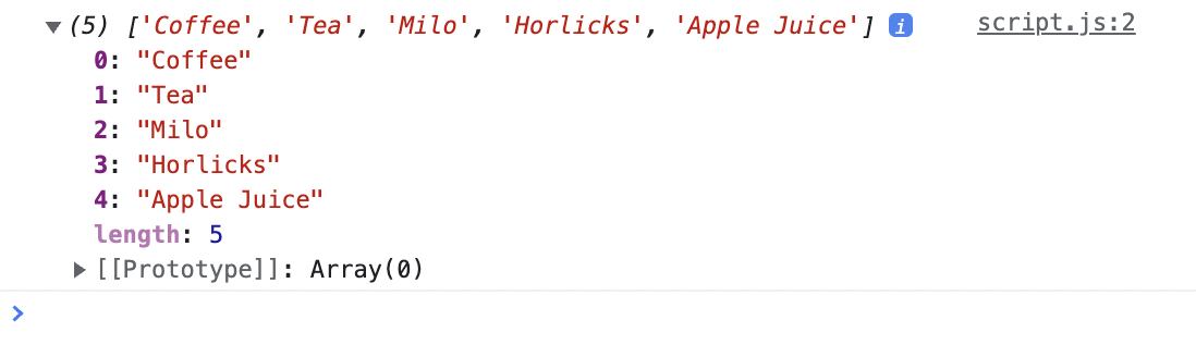 Challenge 1: Console output showing drinks array