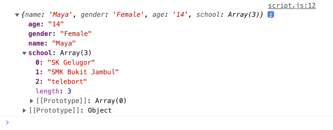 Challenge 3: Console output showing profile with school array