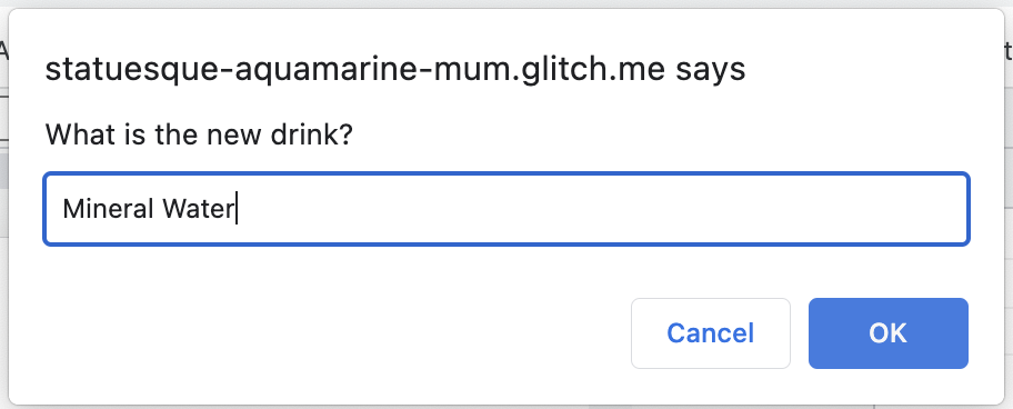 Challenge 1: New drink prompt dialog