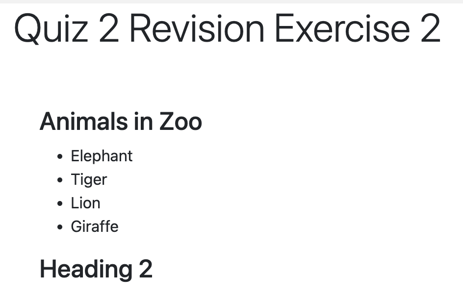 Challenge 2: List showing Elephant, Tiger, Lion, Giraffe