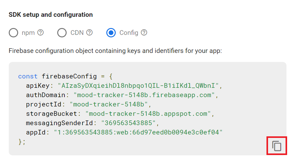 Firebase Config Snippet