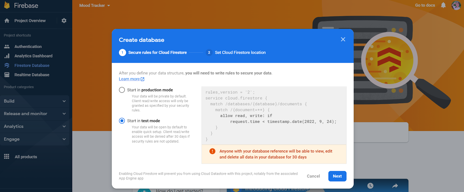 Firebase Firestore test mode selection