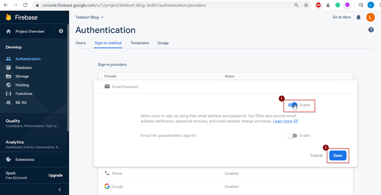 Firebase Authentication Enable Email