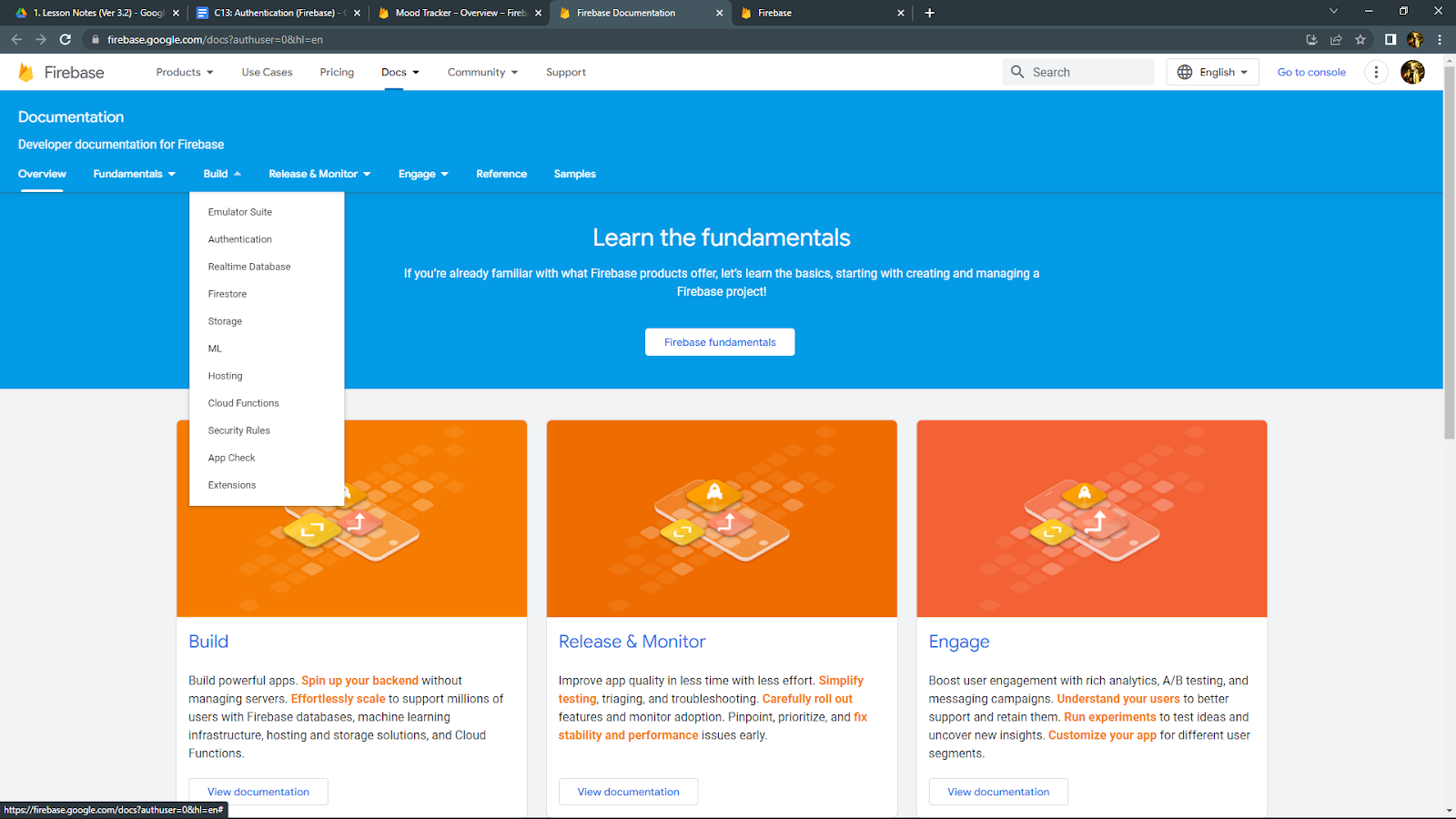 Firebase Authentication Documentation Menu