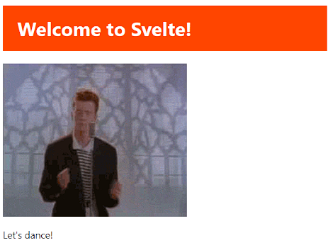 Svelte page with About component added showing "Let's dance!" text