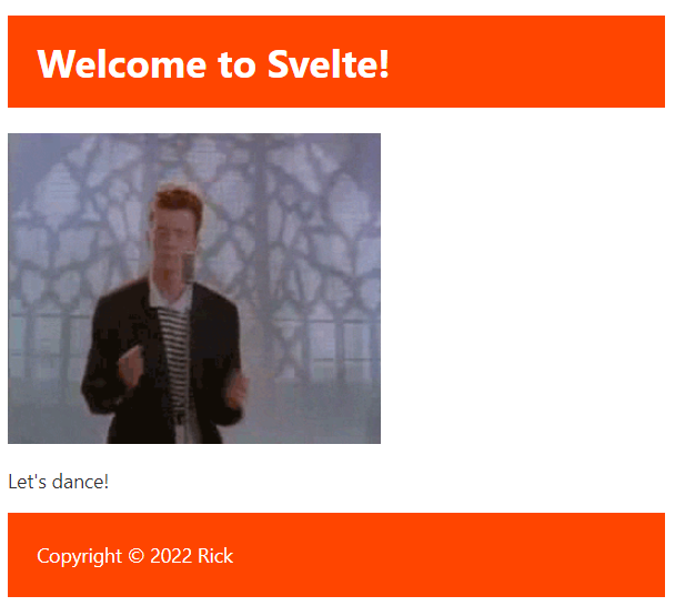 Complete Svelte page with header, image, about text, and styled footer