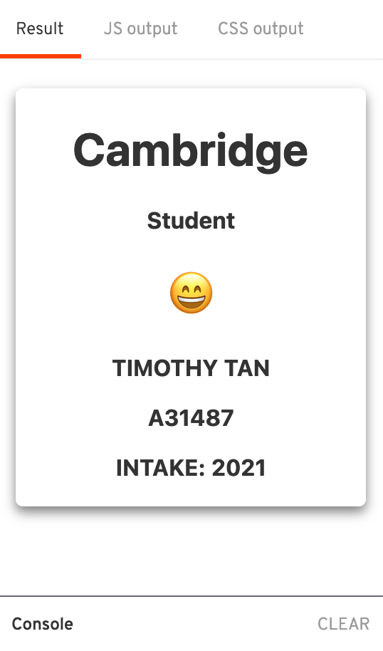Student card component showing school name, student emoji, name, ID and intake year
