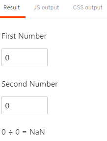 Svelte division calculator showing valid numbers and calculation result