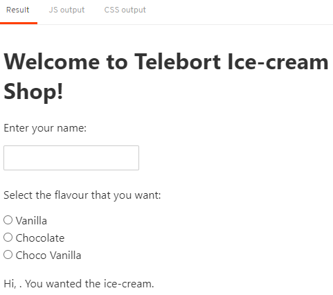 Svelte ice cream shop order system showing name input and flavor selection