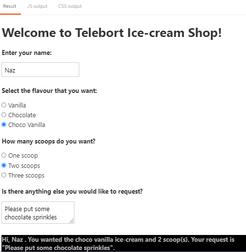 Svelte ice cream shop advanced interface showing completed order form with customer details