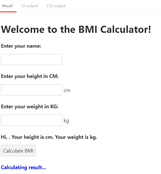 Svelte BMI calculator initial interface with empty form fields