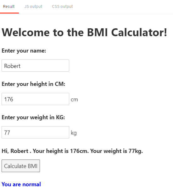 Svelte BMI calculator showing results with BMI value and weight status