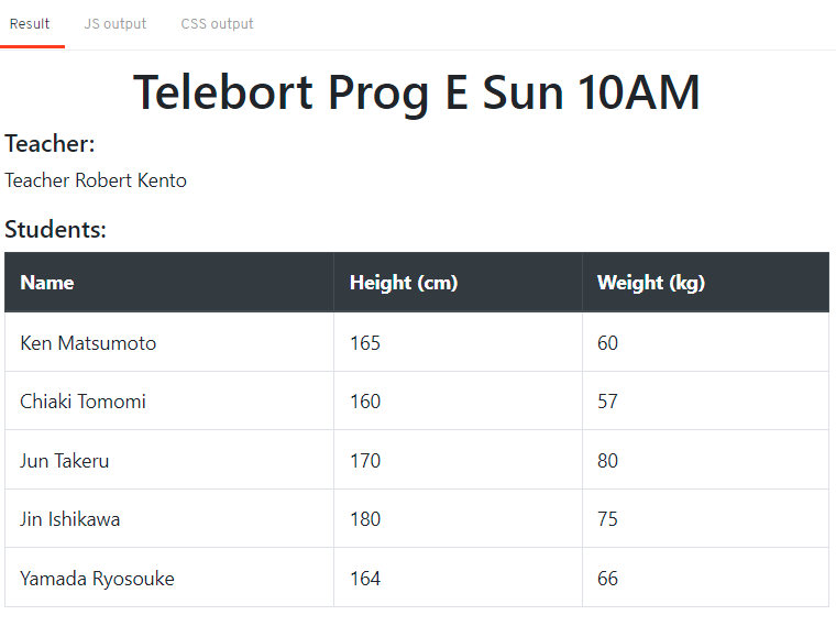 Svelte student data table showing student information with names, heights, and weights