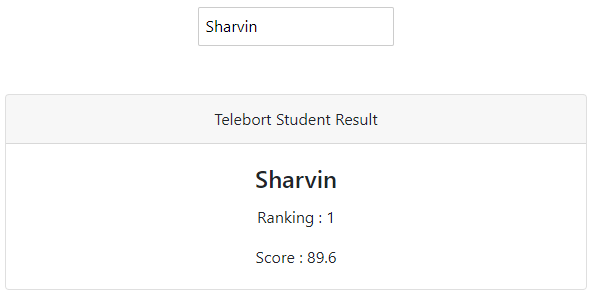Student result display showing name, ranking and score input form