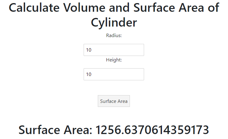 Cylinder calculator showing surface area calculation interface