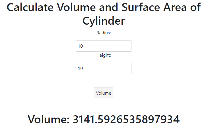 Cylinder calculator showing volume calculation interface
