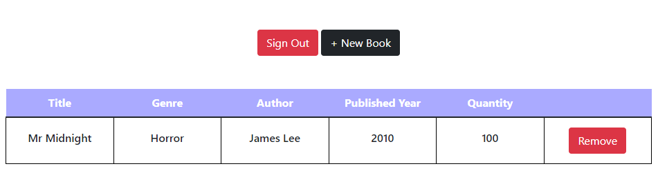 Book inventory application showing table with add and delete functionality