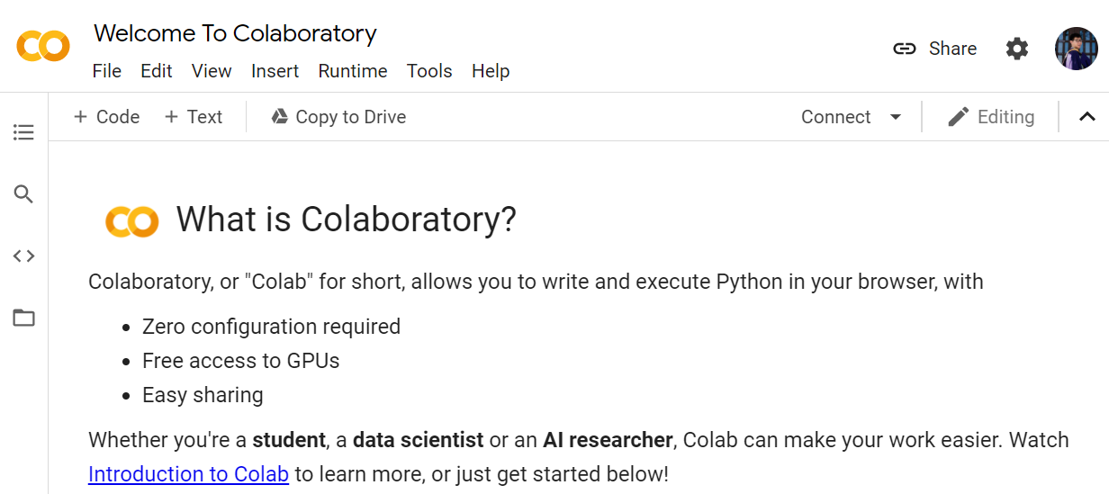 Figure 1 The Welcoming Page of Google Colab