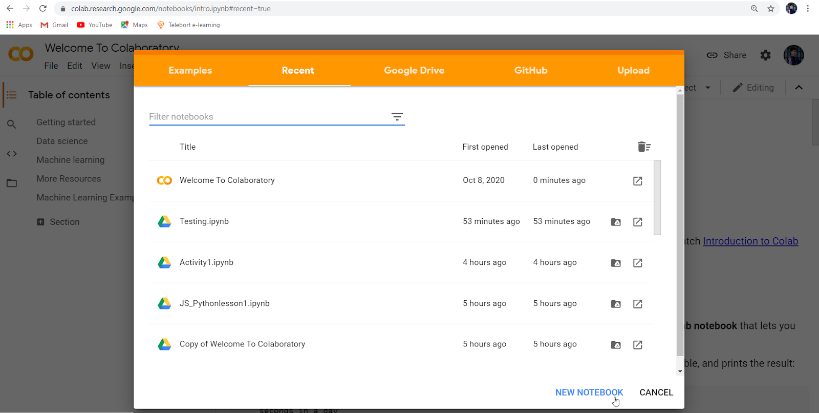 Figure 2 Google Colab starting page