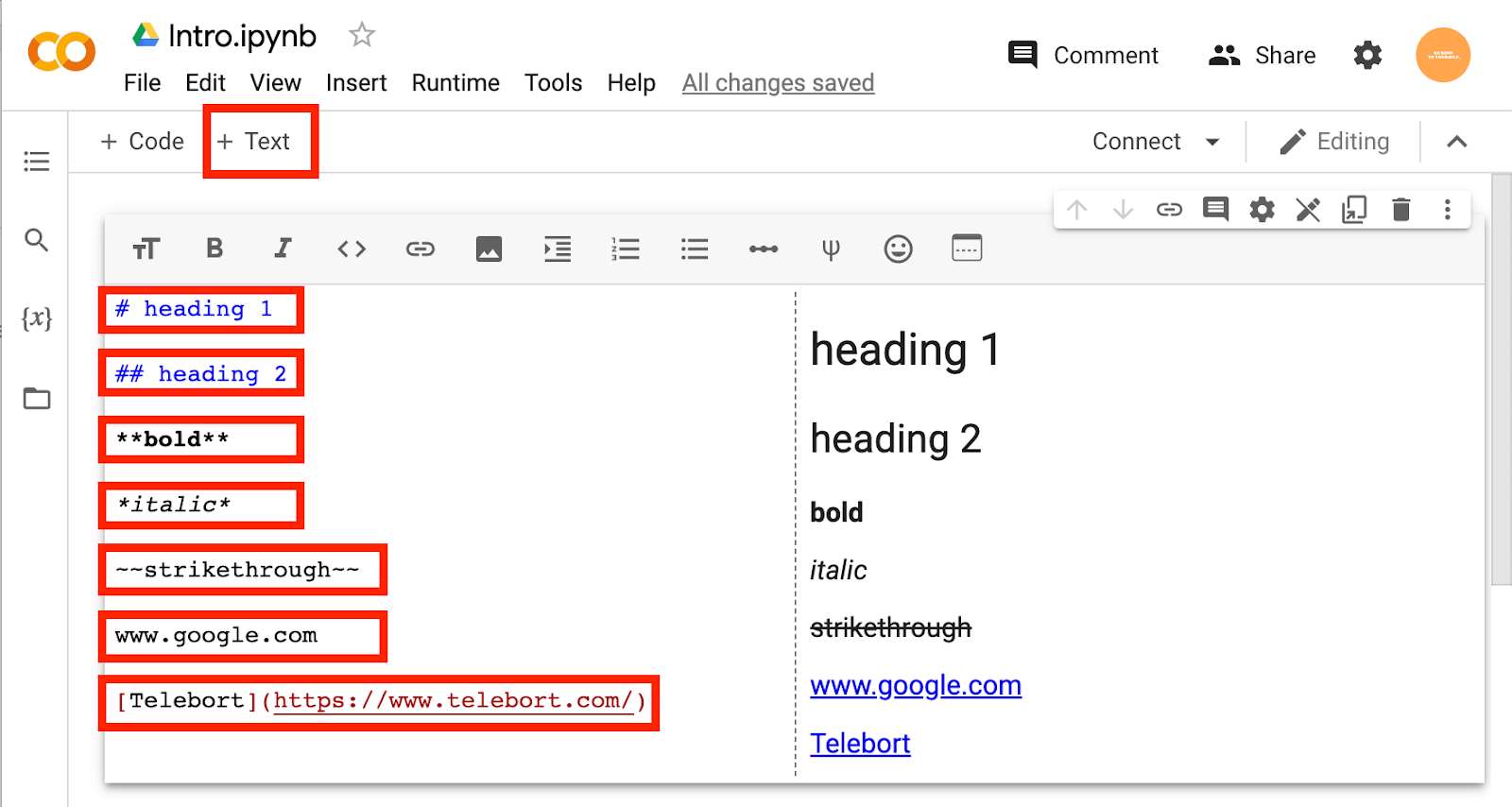 Figure 5 Important buttons and stylings of Markdown Text Cell