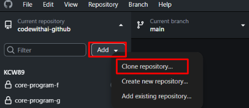 GitHub Desktop Clone Menu