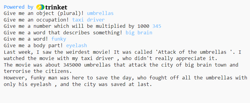 Mad Libs Exercise Example