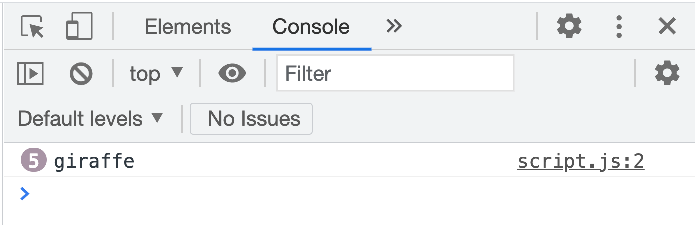 Exercise 1: Console output showing "giraffe" logged 5 times