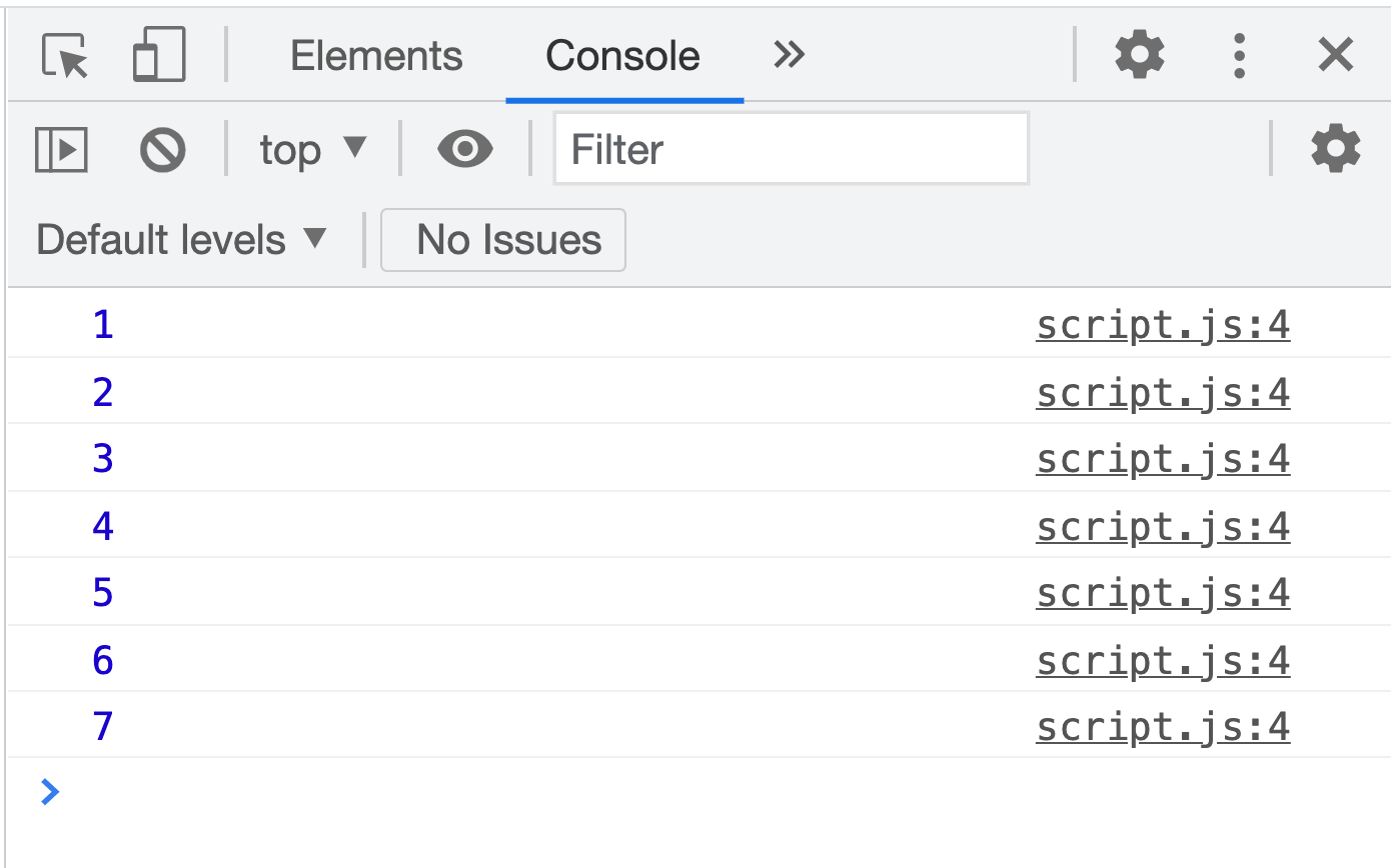 Exercise 4: Console output showing numbers 1, 2, 3, 4, 5, 6, 7