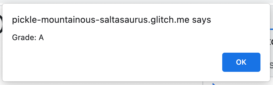 Challenge 4: Alert showing grade result