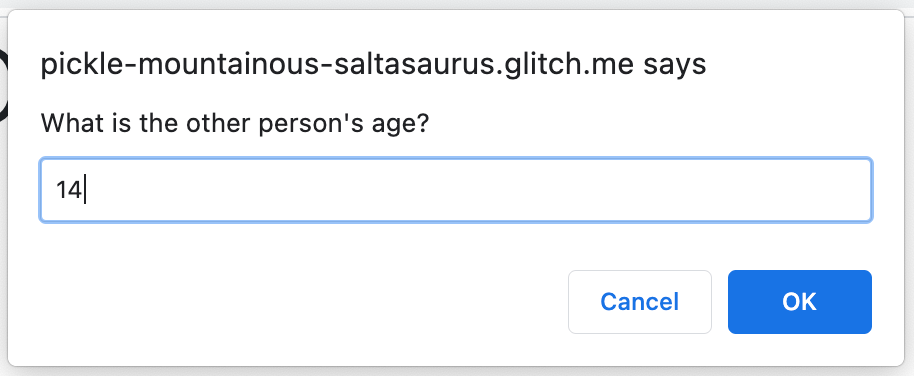 Challenge 2 Advanced: Second age prompt dialog