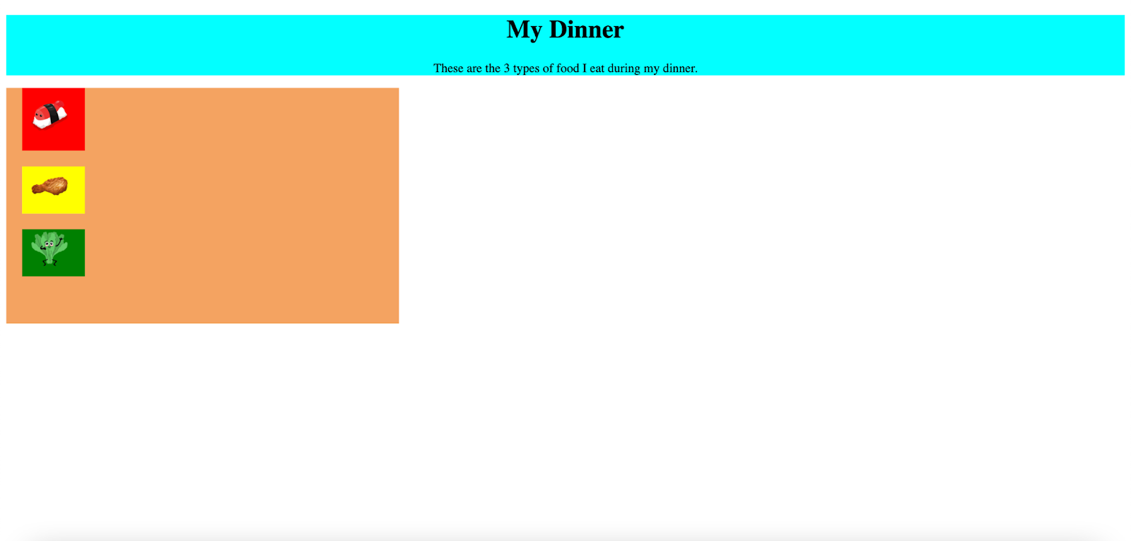 Complete dinner webpage with HTML divisions and CSS styling