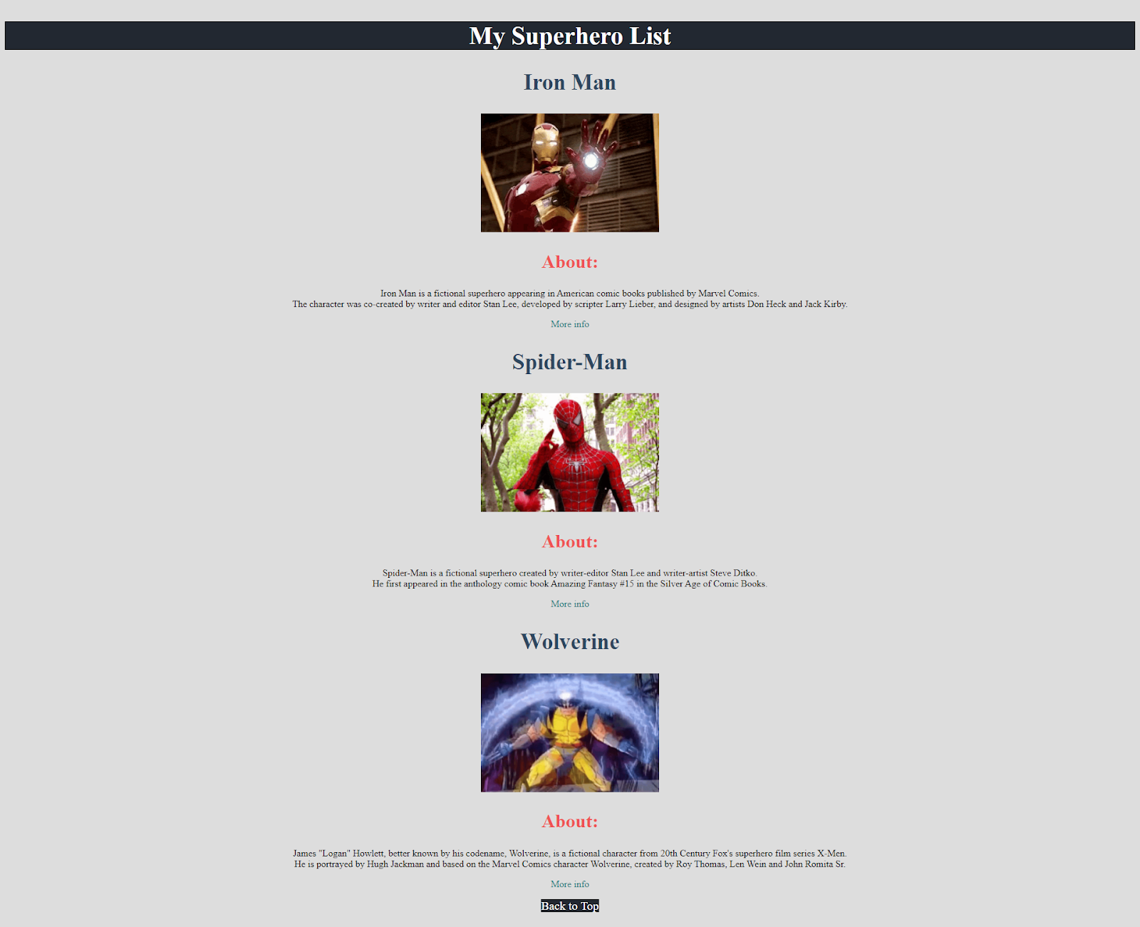 Complete character webpage with CSS styling