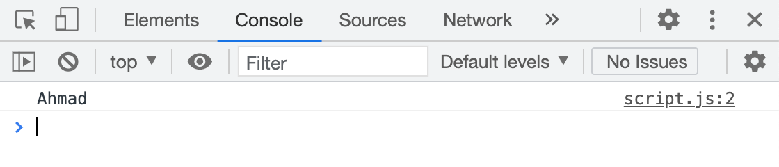 Exercise 1: Console output showing myName variable