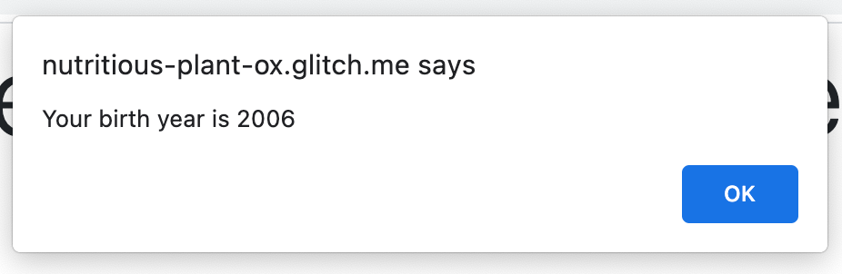 Demo 1: Alert showing birth year calculation result