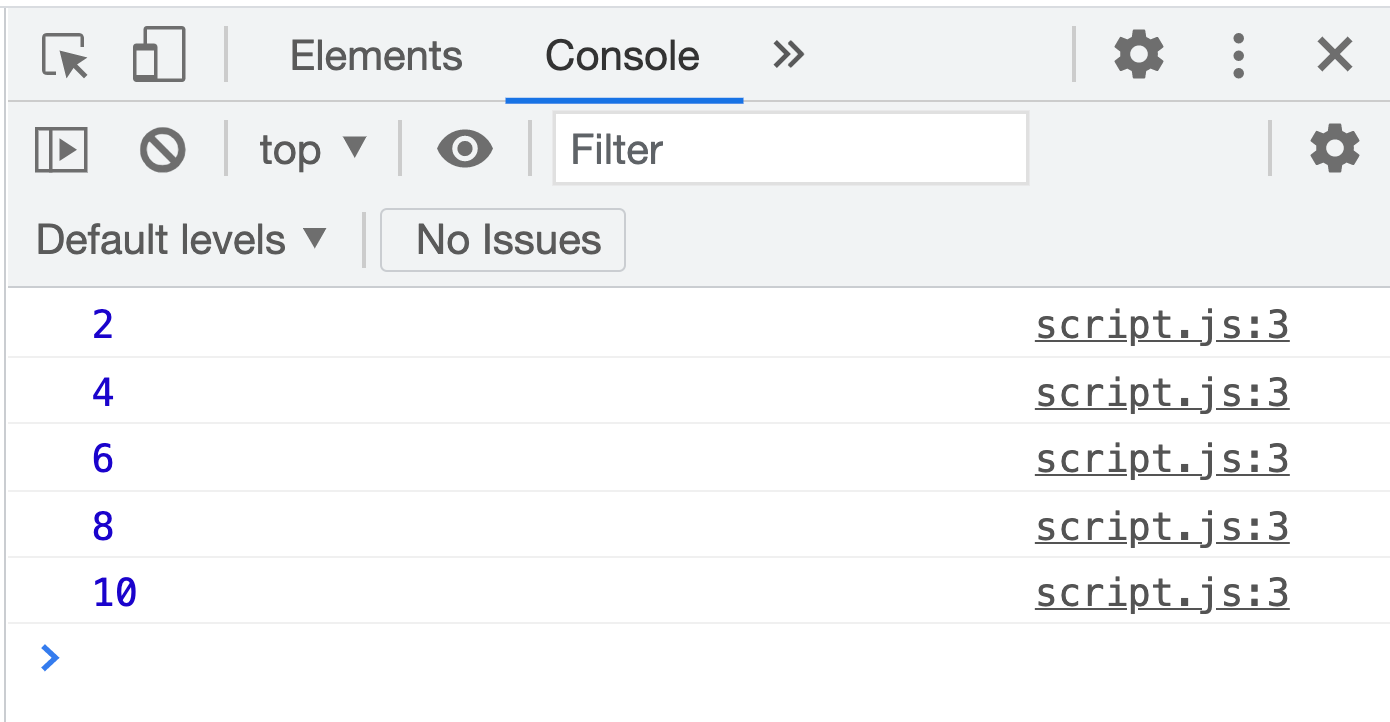 Exercise 2: Console output showing even numbers 2, 4, 6, 8, 10