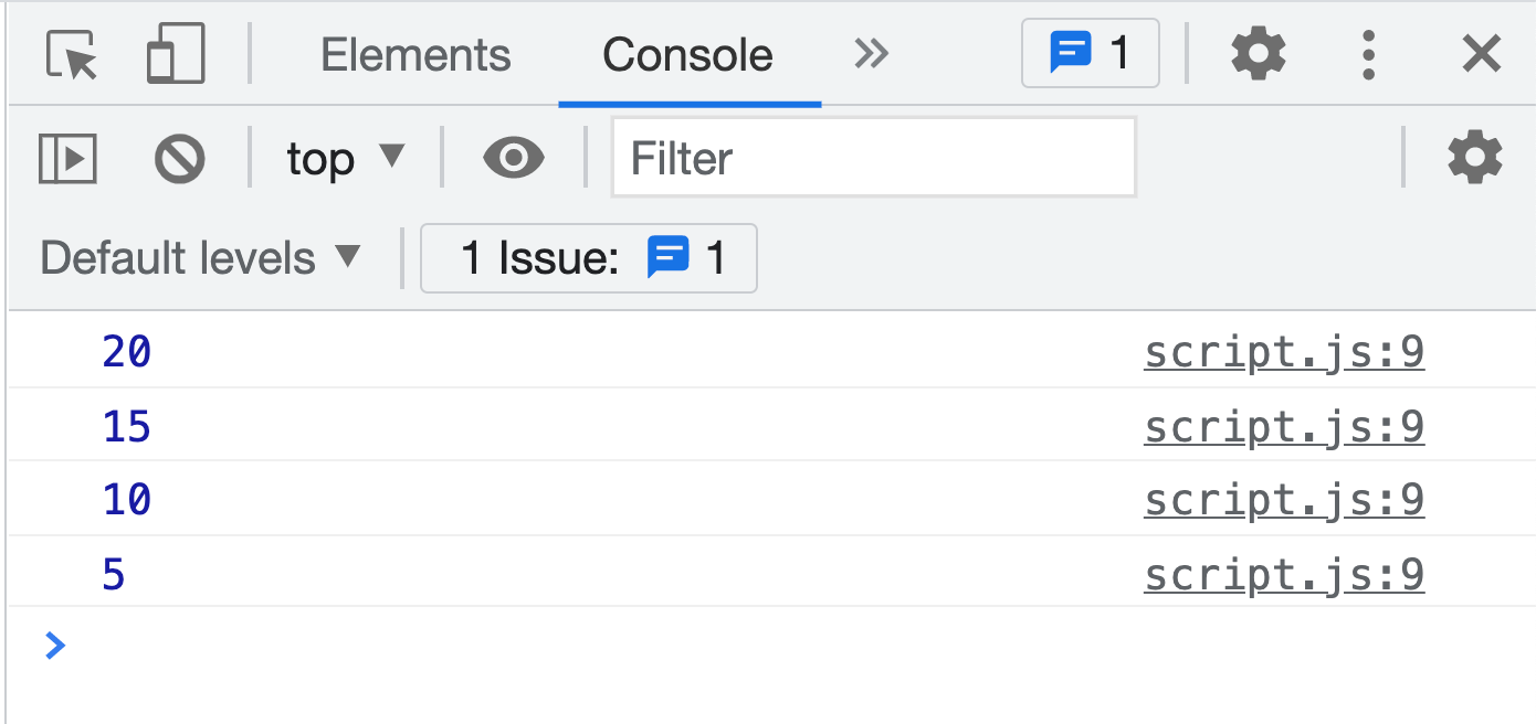 Exercise 3: Console output showing countdown 20, 15, 10, 5
