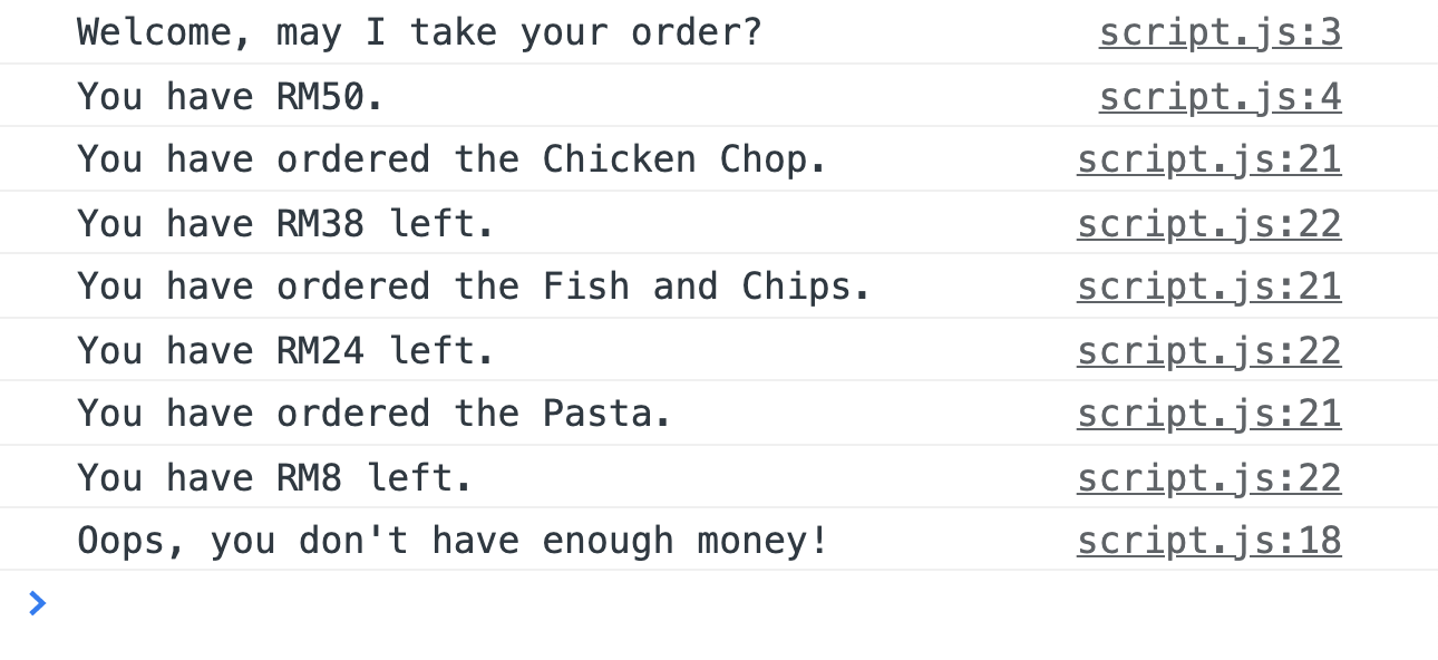 Exercise 4: Console output showing restaurant ordering transactions
