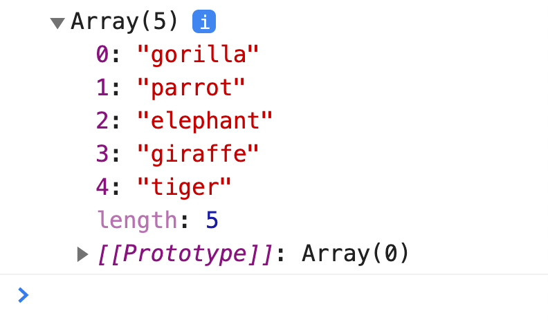 Exercise 1: Console output showing animals array