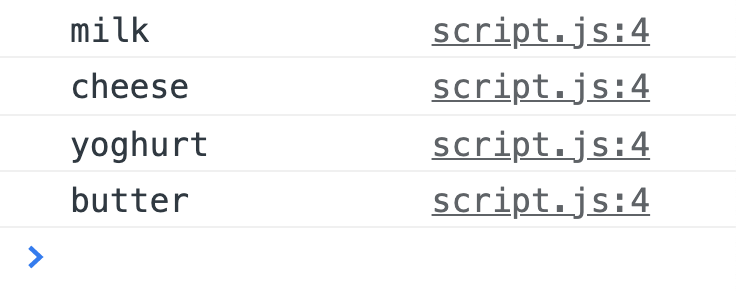 Exercise 4: Console output showing each dairy product