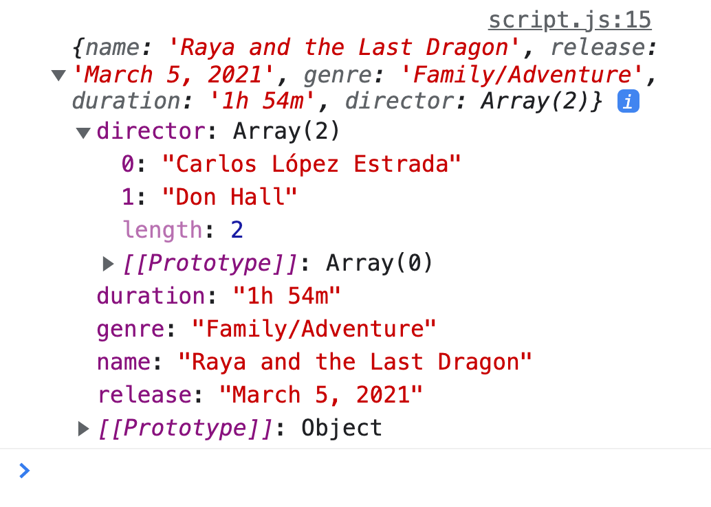 Exercise 2: Console output showing modified movie object