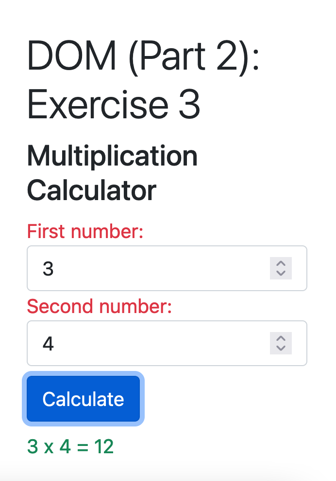 Exercise 3: Calculator showing first calculation result "3 x 4 = 12"