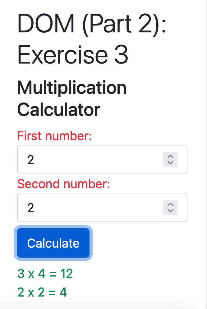 Exercise 3: Calculator showing multiple calculation results stacked