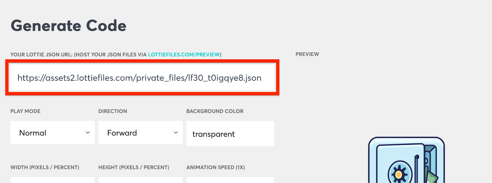 LottieFiles generated code page showing src link