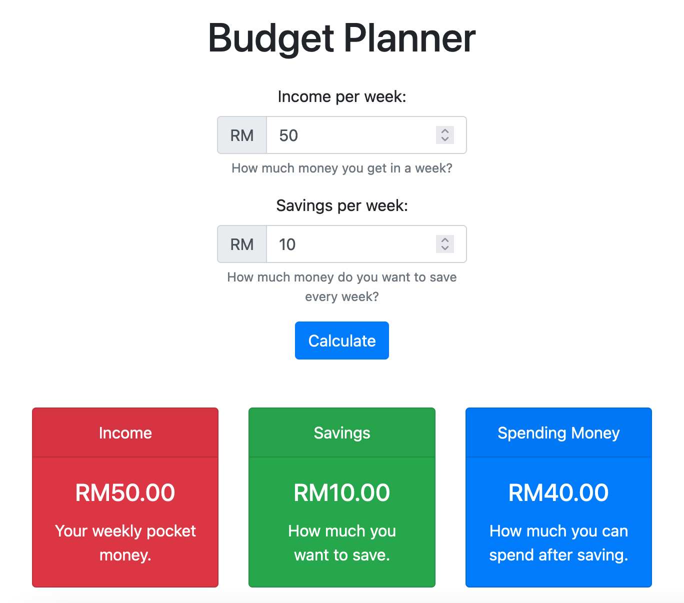 Budget Planner interface showing income, savings, and spendings calculation