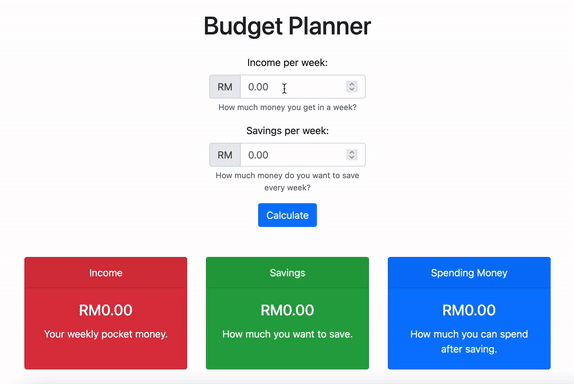 Budget Planner completed calculation result
