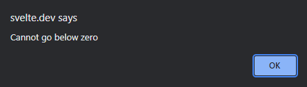 Svelte reactivity counter showing alert dialog for limits