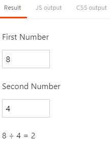 Svelte division calculator interface with two number inputs and result display